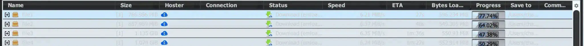 JDownloader 2 Emload Premium speed test showing four active files