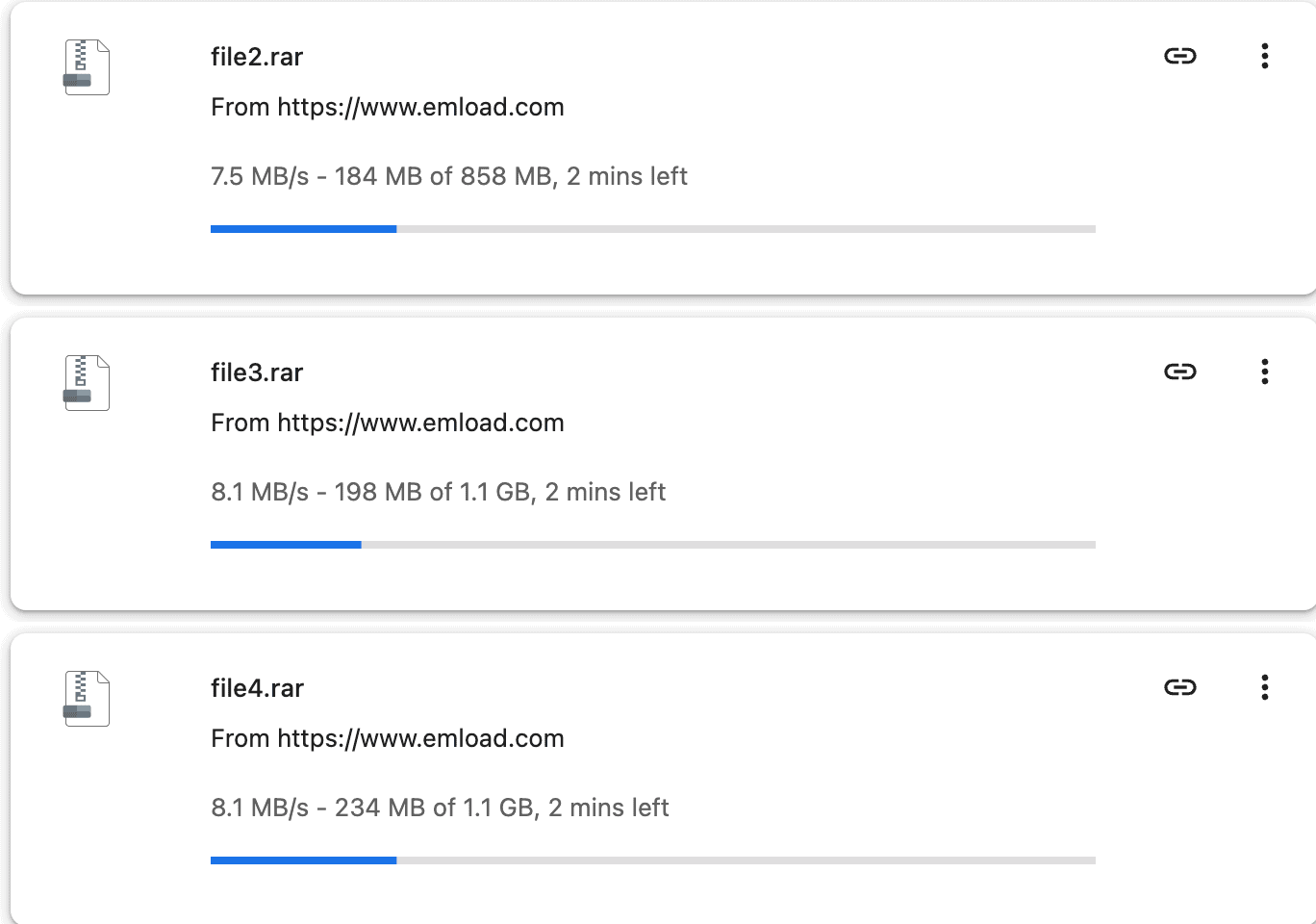 Three simultaneous Emload Premium Chrome downloads at 7.5, 8.1 and 8.1 MB/s