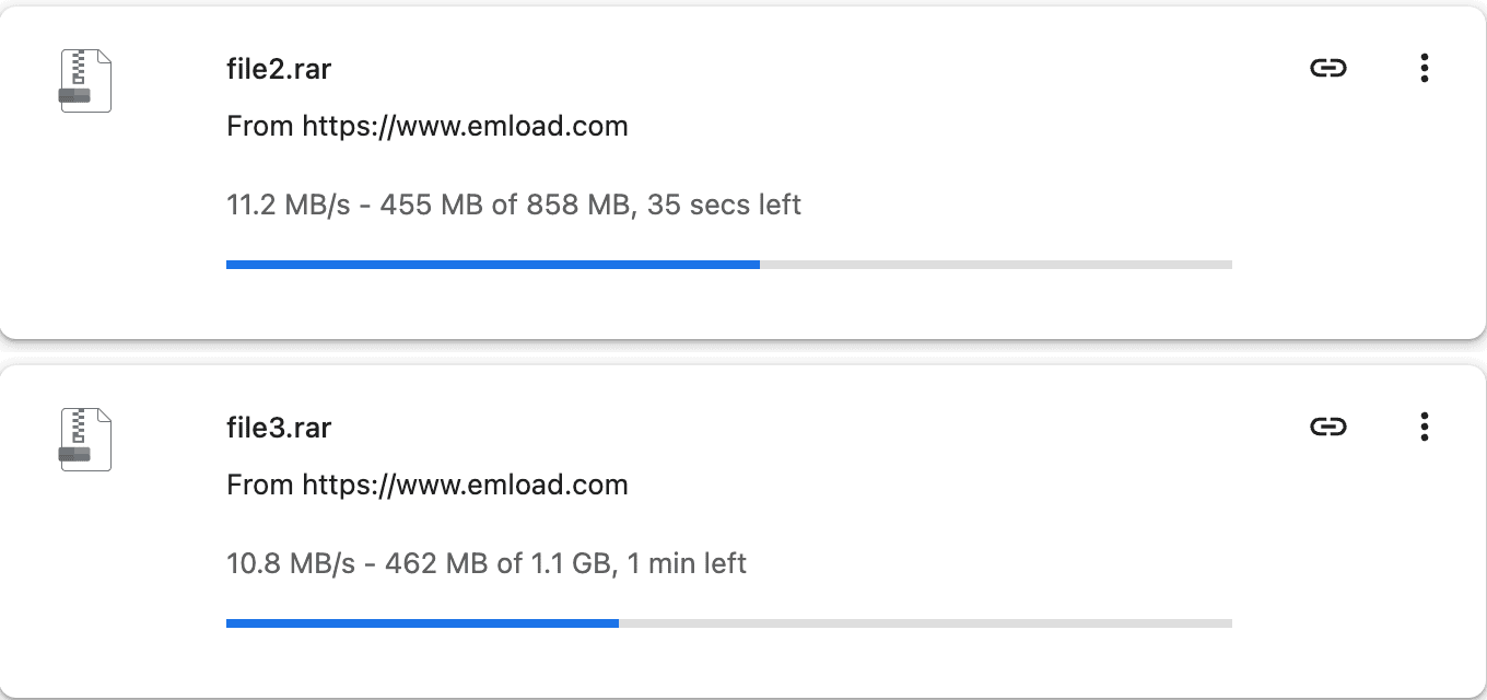 Two simultaneous Emload Premium Chrome downloads at 11.2 and 10.8 MB/s